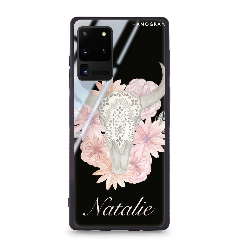 Skull Bull & Watercolor Flowers Samsung Glass Case